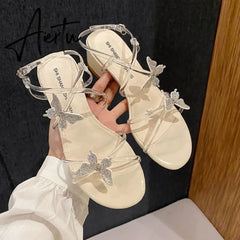 Aiertu Followed Sandals for Women New Fashion Mid-heeled Sandals Women Thick Heels Super Fairy Rhinestone Butterfly Sandals for Women Aiertu