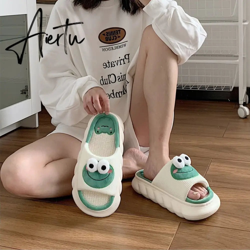 Aiertu Four Season Home Non Slip Thick Sole Mute Hemp Cotton Women Slippers Cute Cartoon Shape Men Indoor Shoes New Arrival Aiertu