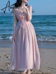 Aiertu France Vintage Sexy Dresses Women Elegant Party Midi Dresses Female Beach Patchwork High Waist Fashion Retro Dress Summer Aiertu