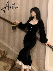 Aiertu French Black Velvet Dress Women Casual Vintage Bodycon Midi Dress Even Party One Piece Korean Chic Elegant Gowns Spring Aiertu