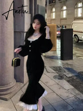 Aiertu French Black Velvet Dress Women Casual Vintage Bodycon Midi Dress Even Party One Piece Korean Chic Elegant Gowns Spring Aiertu