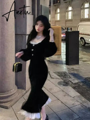 Aiertu French Black Velvet Dress Women Casual Vintage Bodycon Midi Dress Even Party One Piece Korean Chic Elegant Gowns Spring Aiertu