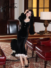 Aiertu French Black Velvet Dress Women Casual Vintage Bodycon Midi Dress Even Party One Piece Korean Chic Elegant Gowns Spring Aiertu