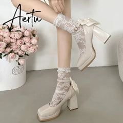 Aiertu French block heel heels women's new autumn winter white vintage mary jane shoes pumps women shoes Aiertu