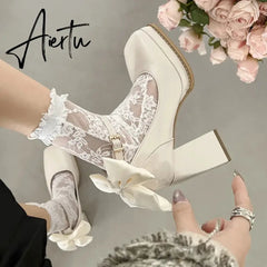 Aiertu French block heel heels women's new autumn winter white vintage mary jane shoes pumps women shoes Aiertu