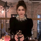 Aiertu French Elegant Pearl Tassel O-neck Bubble Sleeve Women Sweaters Pullovers 2024 Autumn Winter Stretch Female Knitted Tops Jumpers Aiertu