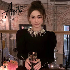 Aiertu French Elegant Pearl Tassel O-neck Bubble Sleeve Women Sweaters Pullovers 2024 Autumn Winter Stretch Female Knitted Tops Jumpers Aiertu