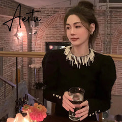 Aiertu French Elegant Pearl Tassel O-neck Bubble Sleeve Women Sweaters Pullovers 2024 Autumn Winter Stretch Female Knitted Tops Jumpers Aiertu