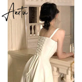 Aiertu French Elegant White Strap Midi Dress Summer New Casual Evening Party Dress Women Beach Sleeveless Lace-up Red Dress Korean Aiertu