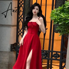 Aiertu French Elegant White Strap Midi Dress Summer New Casual Evening Party Dress Women Beach Sleeveless Lace-up Red Dress Korean Aiertu