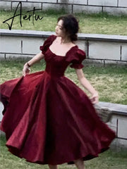 Aiertu French Elegant White Wedding Party Dress Women Vintage Burgundy Romantic Prom Vestidos Summer Korean A-line Graduation Dresses Aiertu