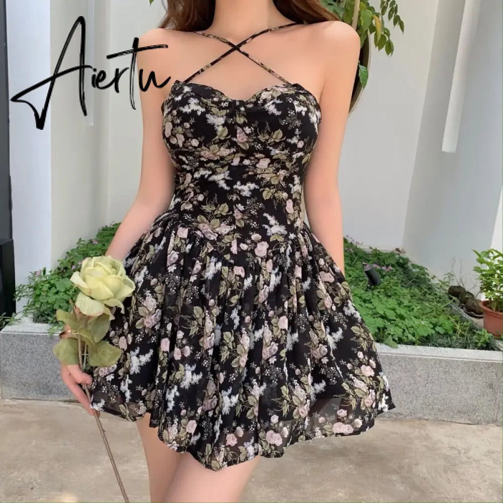 Aiertu French Floral Sling Dress Women Chic Backless Summer Sexy Mini Dress Beach Spaghetti Strap Dress Sundress New Female Robe Aiertu