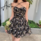Aiertu French Floral Sling Dress Women Chic Backless Summer Sexy Mini Dress Beach Spaghetti Strap Dress Sundress New Female Robe Aiertu