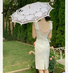 Aiertu French Pearl Beaded Lady Backless Bow Tie Party White Dress Summer V-neck Sleeveless Bodycon Pencil Dress Aiertu