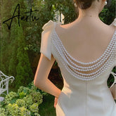 Aiertu French Pearl Beaded Lady Backless Bow Tie Party White Dress Summer V-neck Sleeveless Bodycon Pencil Dress Aiertu