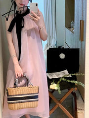 Aiertu French Pink Sleeveless Bow Neck Sleeveless Strap Dress for Women Even Party Korean Y2k Mini Dress Office Lady Summer Elegant Aiertu