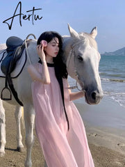 Aiertu French Pink Sleeveless Bow Neck Sleeveless Strap Dress for Women Even Party Korean Y2k Mini Dress Office Lady Summer Elegant Aiertu
