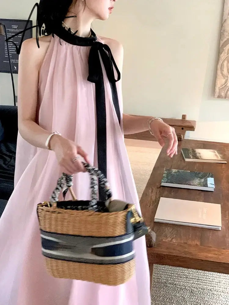 Aiertu French Pink Sleeveless Bow Neck Sleeveless Strap Dress for Women Even Party Korean Y2k Mini Dress Office Lady Summer Elegant Aiertu