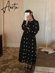 Aiertu French Retro Autumn Chic Women Dress High Waist Slim O-Neck Woman Dress Black Fashion Street Long-Sleeved Dresses Female Aiertu