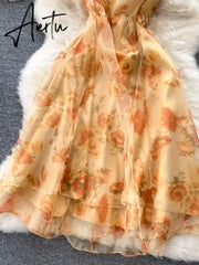 Aiertu French Retro Dress Women Summer Sexy Halter Neck Long Chiffon Dresses Korean Elegant A Line Floral Printed Long Dress Aiertu