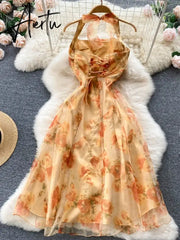 Aiertu French Retro Dress Women Summer Sexy Halter Neck Long Chiffon Dresses Korean Elegant A Line Floral Printed Long Dress Aiertu
