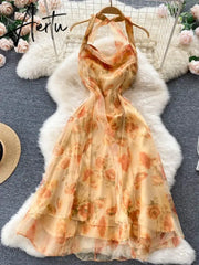 Aiertu French Retro Dress Women Summer Sexy Halter Neck Long Chiffon Dresses Korean Elegant A Line Floral Printed Long Dress Aiertu