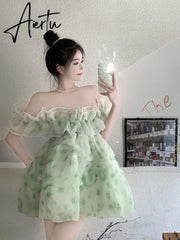 Aiertu French Ruffled Dress Sweet Off Shoulder Women's Summer Sleeveless Short Floral Dress Party High Waist A-line Fairy Dress Vestido Aiertu