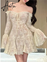 Aiertu French Sexy Lace Mini Dress Women Y2K Off Shoulder Lace Up Ruffles A-line Autumn Spring Long Sleeve Party Dress Prom Vestidos Aiertu