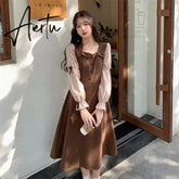 Aiertu French Style Square Collar Flare Sleeve Dresses Women Vintage Waist Red Corduroy Dress Woman Autumn Patchwork Midi Dress Aiertu