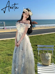 Aiertu French Vintage Bohemian Beige Print Ruffles Slip Long Dresses Summer Elegant Lady Off Shoulder Party Evening Dress Vestidos Robe Aiertu
