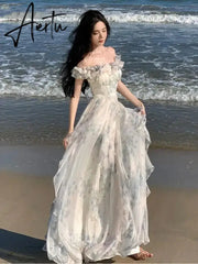 Aiertu French Vintage Bohemian Beige Print Ruffles Slip Long Dresses Summer Elegant Lady Off Shoulder Party Evening Dress Vestidos Robe Aiertu