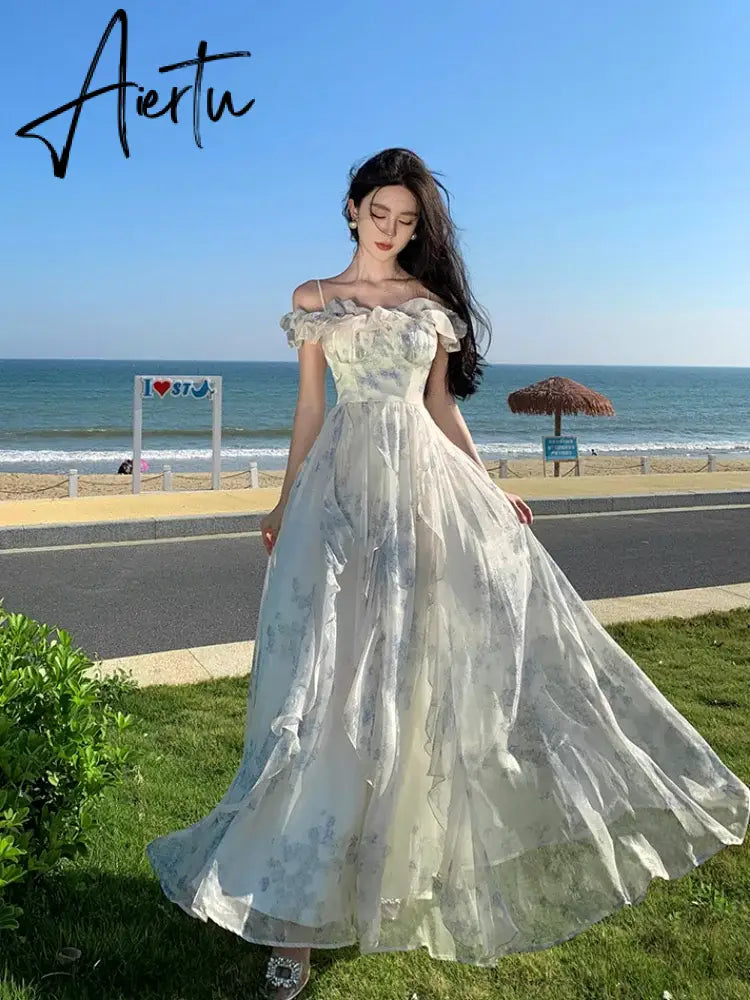 Aiertu French Vintage Bohemian Beige Print Ruffles Slip Long Dresses Summer Elegant Lady Off Shoulder Party Evening Dress Vestidos Robe Aiertu