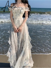 Aiertu French Vintage Bohemian Beige Print Ruffles Slip Long Dresses Summer Elegant Lady Off Shoulder Party Evening Dress Vestidos Robe Aiertu