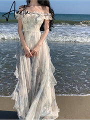 Aiertu French Vintage Bohemian Beige Print Ruffles Slip Long Dresses Summer Elegant Lady Off Shoulder Party Evening Dress Vestidos Robe Aiertu