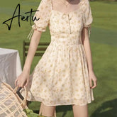 Aiertu French Vintage Boho Dress Women High Waist Sexy Mini Elegant Dresses Summer Beach Short Sleeve Sweet Floral Dress Romantic Aiertu