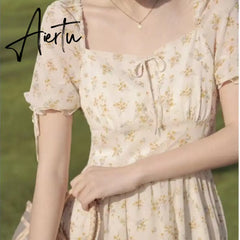 Aiertu French Vintage Boho Dress Women High Waist Sexy Mini Elegant Dresses Summer Beach Short Sleeve Sweet Floral Dress Romantic Aiertu