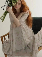 Aiertu French Vintage Floral Midi Dress 2024 Summer New Elegant Casual Beach Evening Party One Piece Dresses Woman Korean Clothes Aiertu