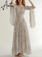 Aiertu French Vintage Floral Midi Dress 2024 Summer New Elegant Casual Beach Evening Party One Piece Dresses Woman Korean Clothes Aiertu