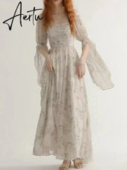 Aiertu French Vintage Floral Midi Dress 2024 Summer New Elegant Casual Beach Evening Party One Piece Dresses Woman Korean Clothes Aiertu