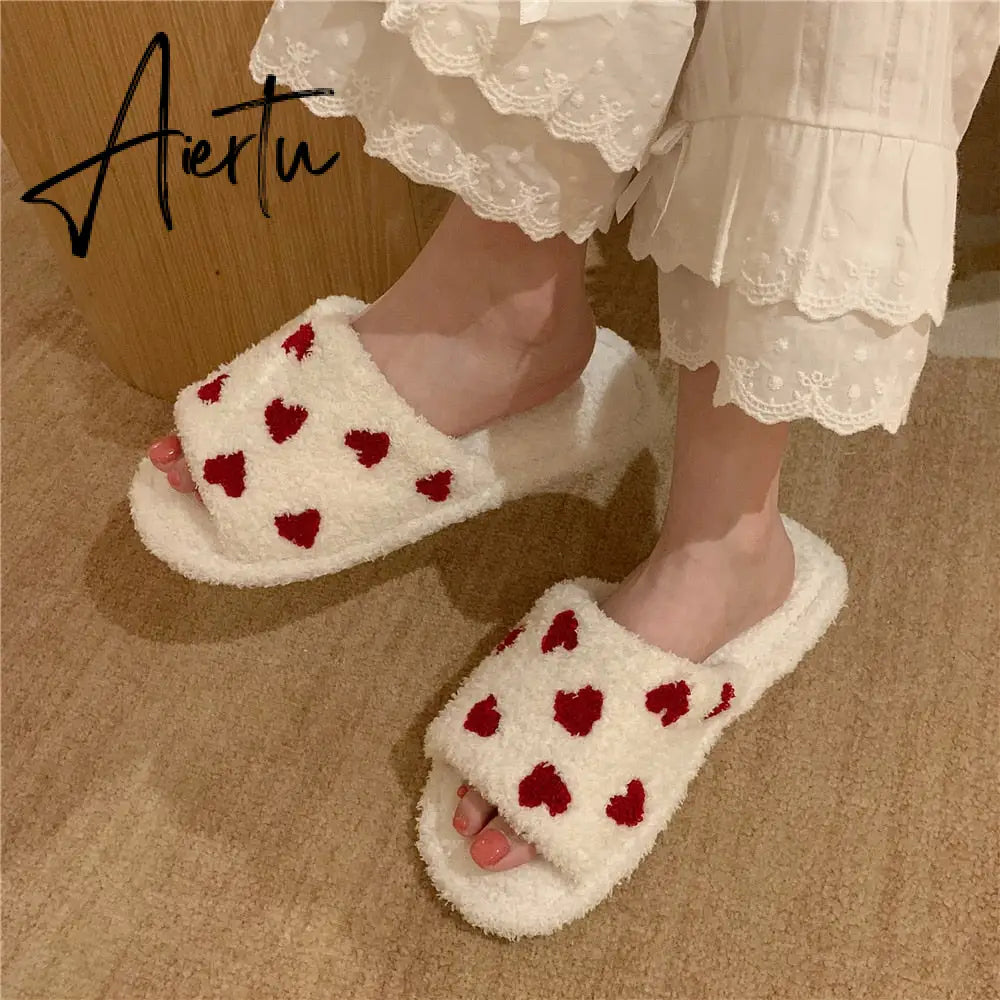 Aiertu Fuzzy House Slippers For Women Girls Fur Slides Winter Warm Women's Indoor Slippers Cute Heart Print Soft Bedroom Home Shoes Aiertu