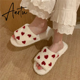 Aiertu Fuzzy House Slippers For Women Girls Fur Slides Winter Warm Women's Indoor Slippers Cute Heart Print Soft Bedroom Home Shoes Aiertu