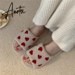 Aiertu Fuzzy House Slippers For Women Girls Fur Slides Winter Warm Women's Indoor Slippers Cute Heart Print Soft Bedroom Home Shoes Aiertu