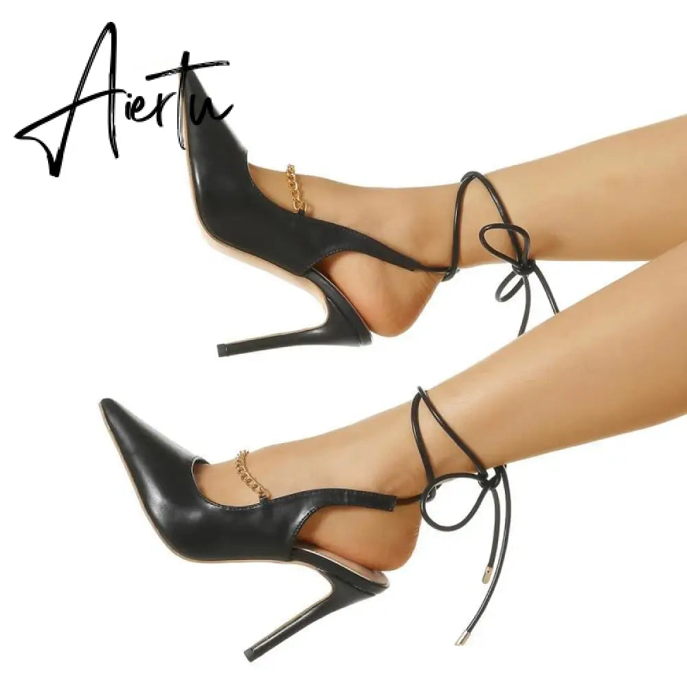 Aiertu Genuien Leather Vintage Pointed Toe Women Shoes Pumps Spring Summer Party Dancing Slingback Heel Sandals Sadalias Femininas Aiertu
