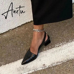 Aiertu Genuien Leather Vintage Pointed Toe Women Shoes Pumps Spring Summer Party Dancing Slingback Heel Sandals Sadalias Femininas Aiertu