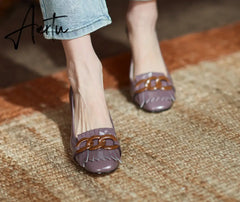 Aiertu Genuine Leather Round Toe Stiletto Medium High Heels Pumps For Women Metal Decoration Shoes Woman Newest Party Hoes Woman Aiertu