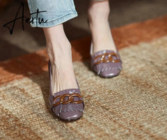 Aiertu Genuine Leather Round Toe Stiletto Medium High Heels Pumps For Women Metal Decoration Shoes Woman Newest Party Hoes Woman Aiertu