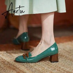 Aiertu Genuine Leather Round Toe Stiletto Medium High Heels Pumps For Women Metal Decoration Shoes Woman Newest Party Hoes Woman Aiertu