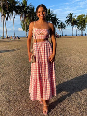 Aiertu Gingham Print Off Shoulder Sexy Front Cut Out Summer Dress Long Elegant Plaid Vintage Strapless Beach Dress Sleeveless Aiertu