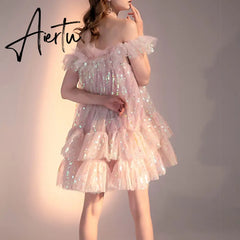 Aiertu Girls Sweet Pink Bling Bling Sequined Ruffles Ball Gown Dress Off Shoulder Halter Summer Beach Party Mesh Dress Aiertu