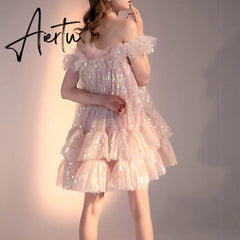 Aiertu Girls Sweet Pink Bling Bling Sequined Ruffles Ball Gown Dress Off Shoulder Halter Summer Beach Party Mesh Dress Aiertu